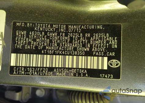 2012 Toyota Camry Se from USA, damaged, VIN 4T1BF1FK4CU138350